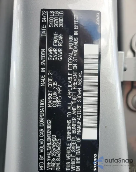 2022 Volvo Xc60 B5 Inscription из США, поврежденный, VIN YV4L12RL0N1078862